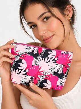 LANCÔME Paris Cosmetic Bag Floral Print  Makeup Travel Accessory Pink/Black NEW